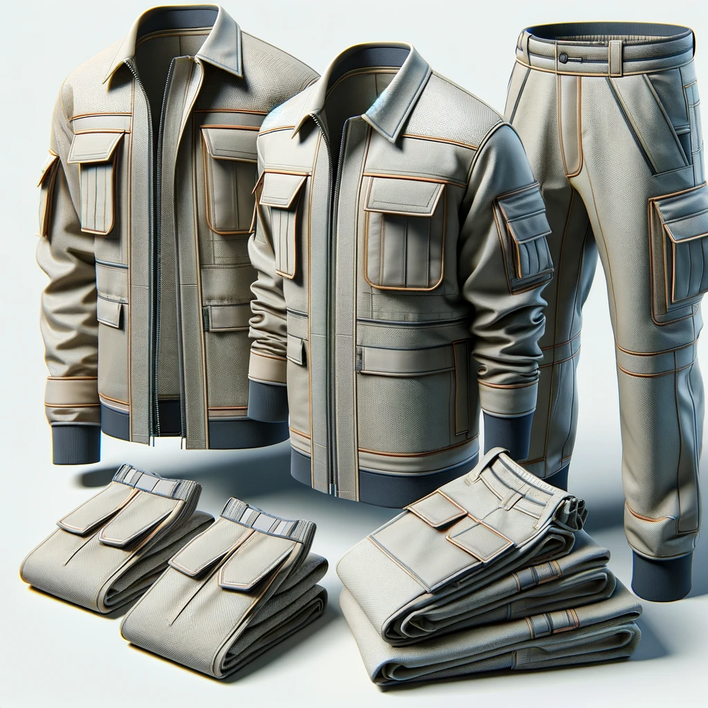 Dall·e 2024 01 29 17.45.32 A Realistic Image Of Professional Industrial Workwear, Including A Durable Jacket And Trousers. The Clothing Is Designed With Reinforced Seams, Utilit