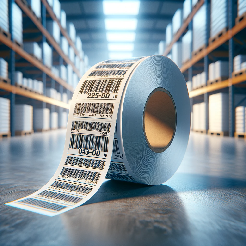 Dall·e 2024 01 29 17.30.48 A Realistic Image Of A Roll Of Professional Thermal Labels, Designed For Industrial Use. The Labels Are Sturdy And Have A High Quality Finish, Suitabl