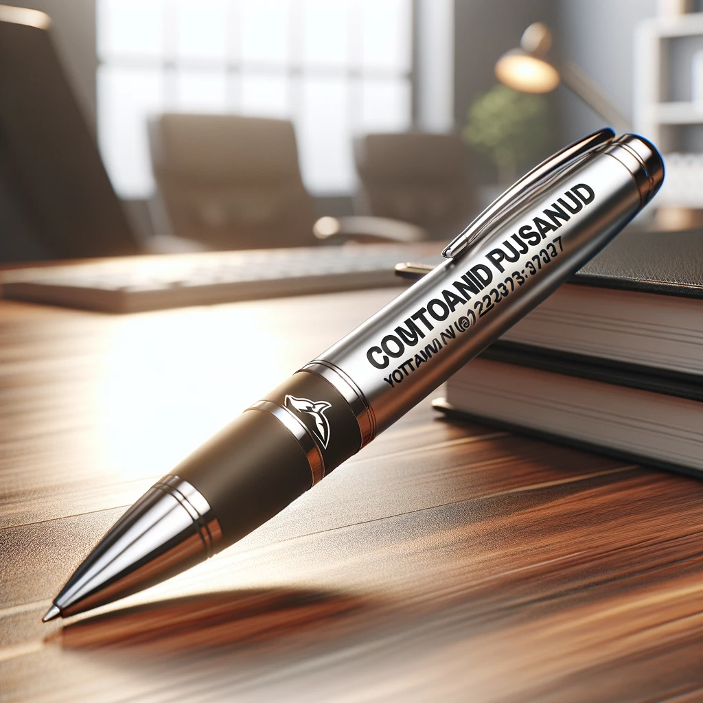 Dall·e 2024 01 30 13.57.06 An Image Of A Custom Branded Pen, A Popular Promotional Gift For Businesses. The Pen Is Sleek And Professional, Featuring A Company Logo And Contact D